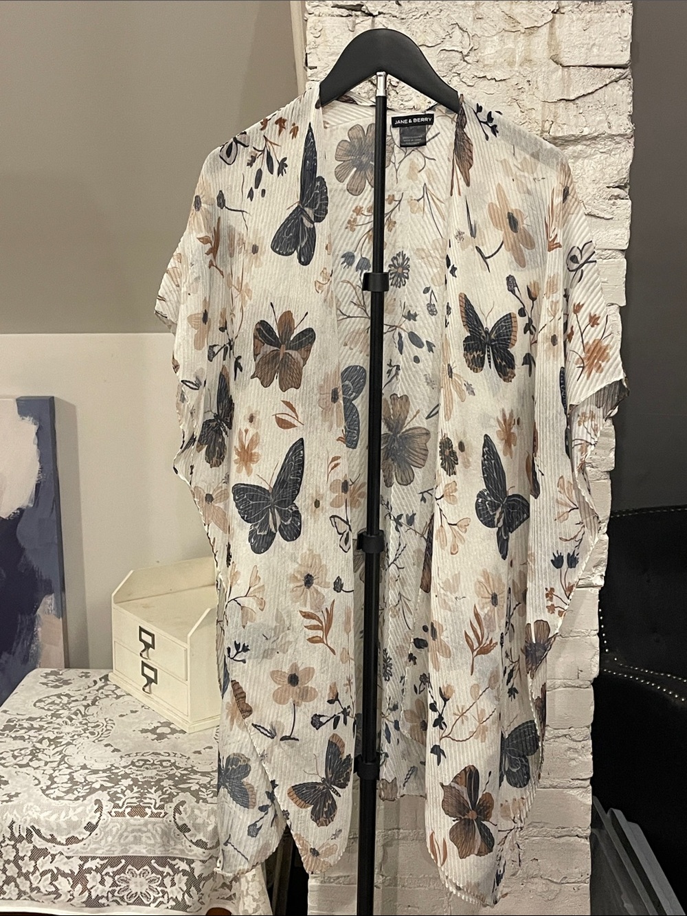 Cream Butterfly-Print Open Kimono Jacket